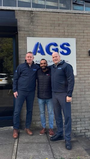 Neil Dattani (centre) from AluK with Peter Evans (left) and Darren Edwards (right) from AGS