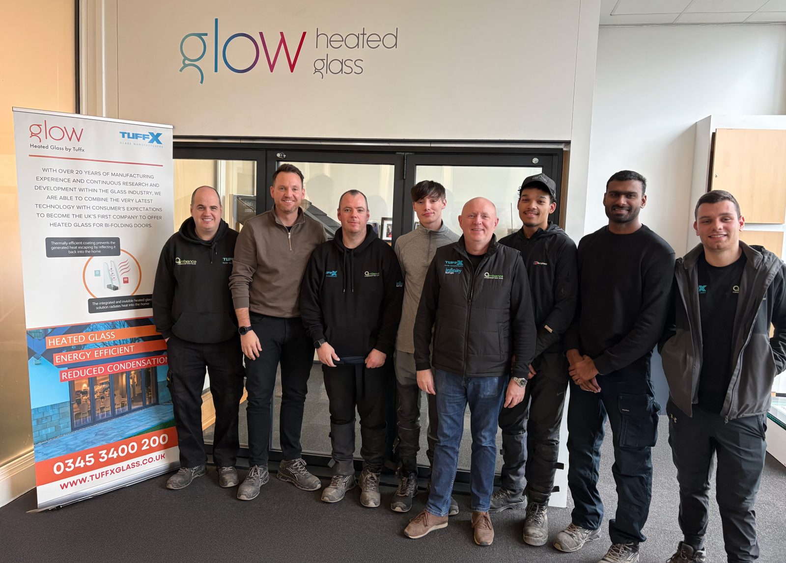 Left to right: Neil Joyce, Tom Hood (managing director), Steve O’Shaughnessy, Ty Aughey-Smith, Gary Hughes (operations director), Joe O’Rourke, Akhil Mohanan and Callum Hemming